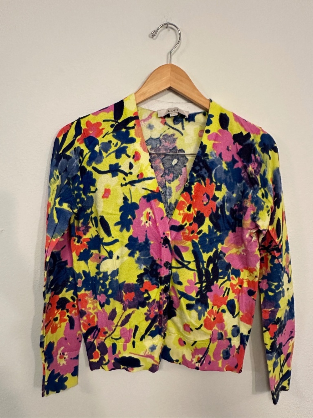 LOFT Floral Print 100% Pima Cotton Cardigan V-Neck Button Front Women's M